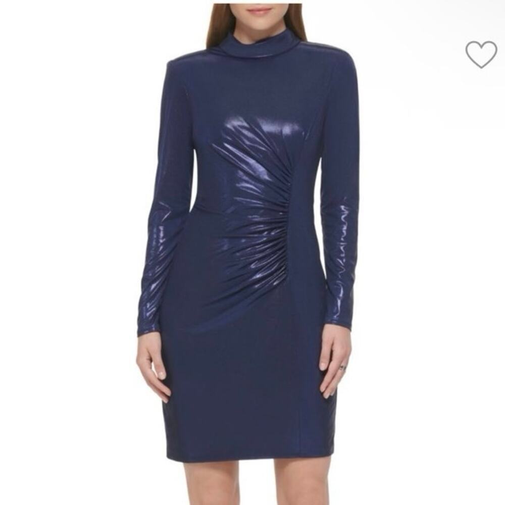 Vince Camuto Blue Mock Neck Metallic Ruched Body Con Sheath Dress New Size 0
